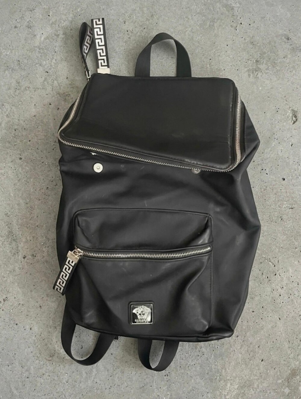 Versace Parfums, Black Unisex Backpack with Silver Hardware